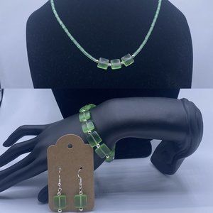 Green Glass Square Bead Bracelet, Earrings and Necklace Set